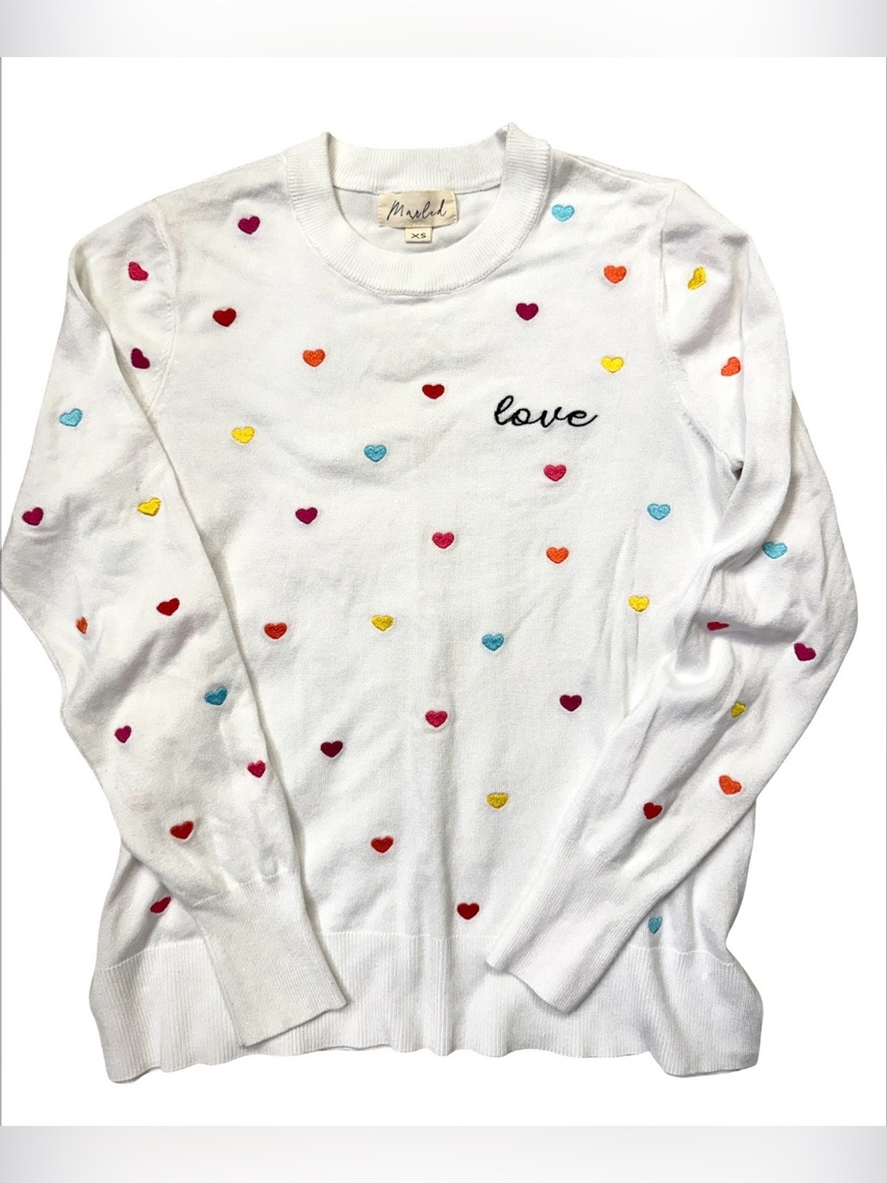 Marled White Embroidered Heart Knit Sweater Top 
Lightweight Stretch Pullover XS